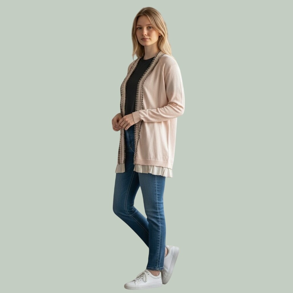 Banana Republic Peach Pink Cotton Ruffle Trim Open Front Cardigan Sweater L